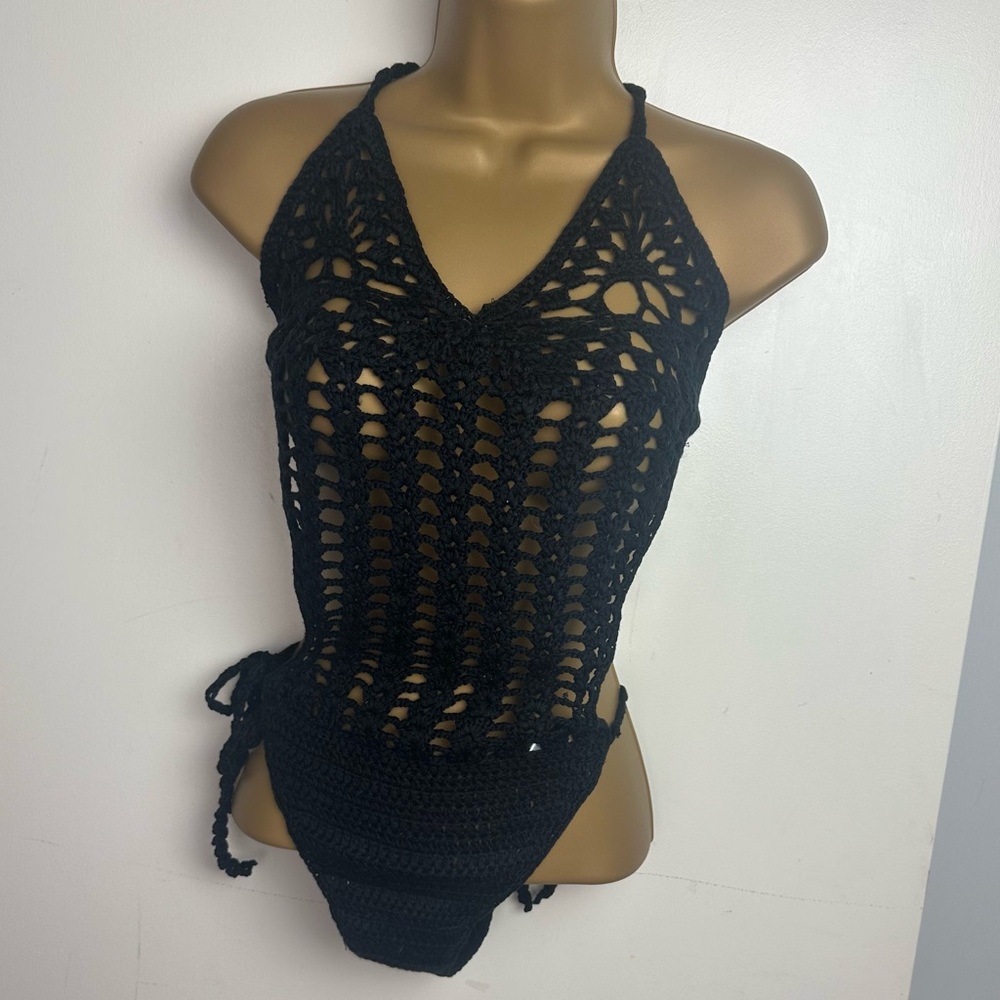 Current Mood X Dolls Kill Black Luscious Babe Crochet  Sheer Bodysuit NWT L/XL